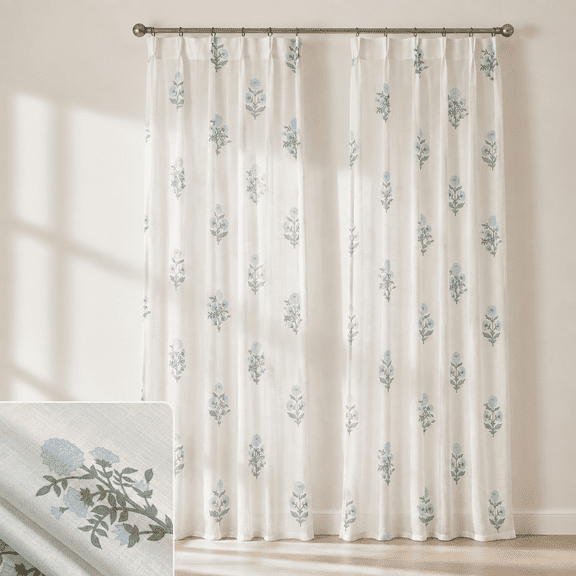 Blue Green 36"W x 108"L (Pack of 2) Pinch Pleated Semi Sheer Faux Linen Curtain Panels