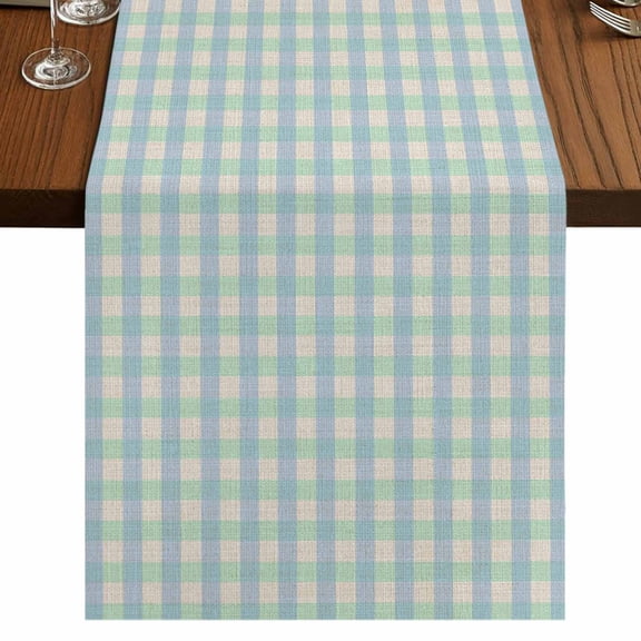 Blue Green 70 Inch Table Runner, Grid Checkered Plaid Gingham Lattice Trellis Farmhouse Dresser Scarf Cotton & Linen Tablerunner for Dining/Kitchen Island/Holiday Party Décor 13" x 70"