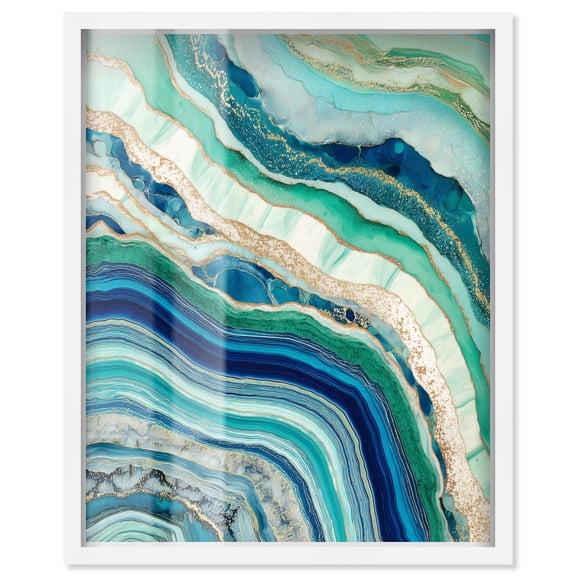 Blue Green Abstract Agate II Shadowbox Print Teal Abstract Art by Art Remedy, White Frame, 24 x 30