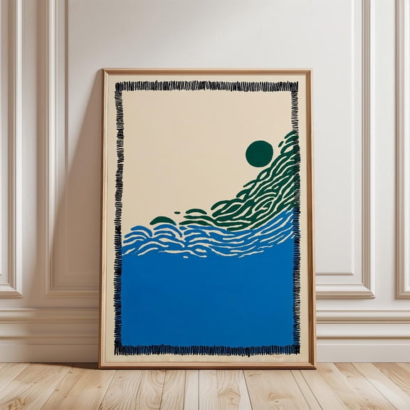 Blue Green Abstract Wave Poster Japanese Minimal Ocean Art Vertical Modern Wall Decor