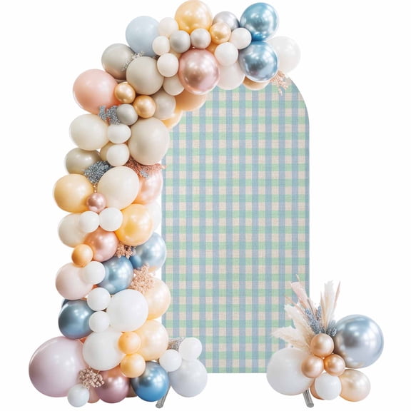 Blue Green Arch Backdrop Cover, Spandex Fitted Wedding Arch Cover, Grid Checkered Plaid Gingham Lattice Trellis Round Top Stand Covers for Birthday Ceremony Bridal Shower Party Decor 4x1.65 Ft