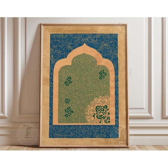 Blue Green Arch Persian Botanical Geometric Floral Wall Art, Unframed Paper Poster 24x36in