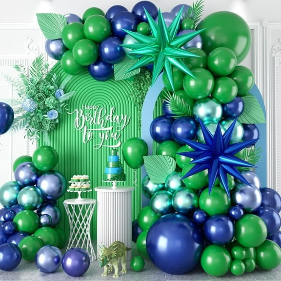 Blue and Green Balloon Arch Kit, Navy Blue Dark Green Balloon Garland Arch Kit with 4D Star Foil Balloon Confetti Balloons for Birthday Party Decor Jungle Safari Graduations