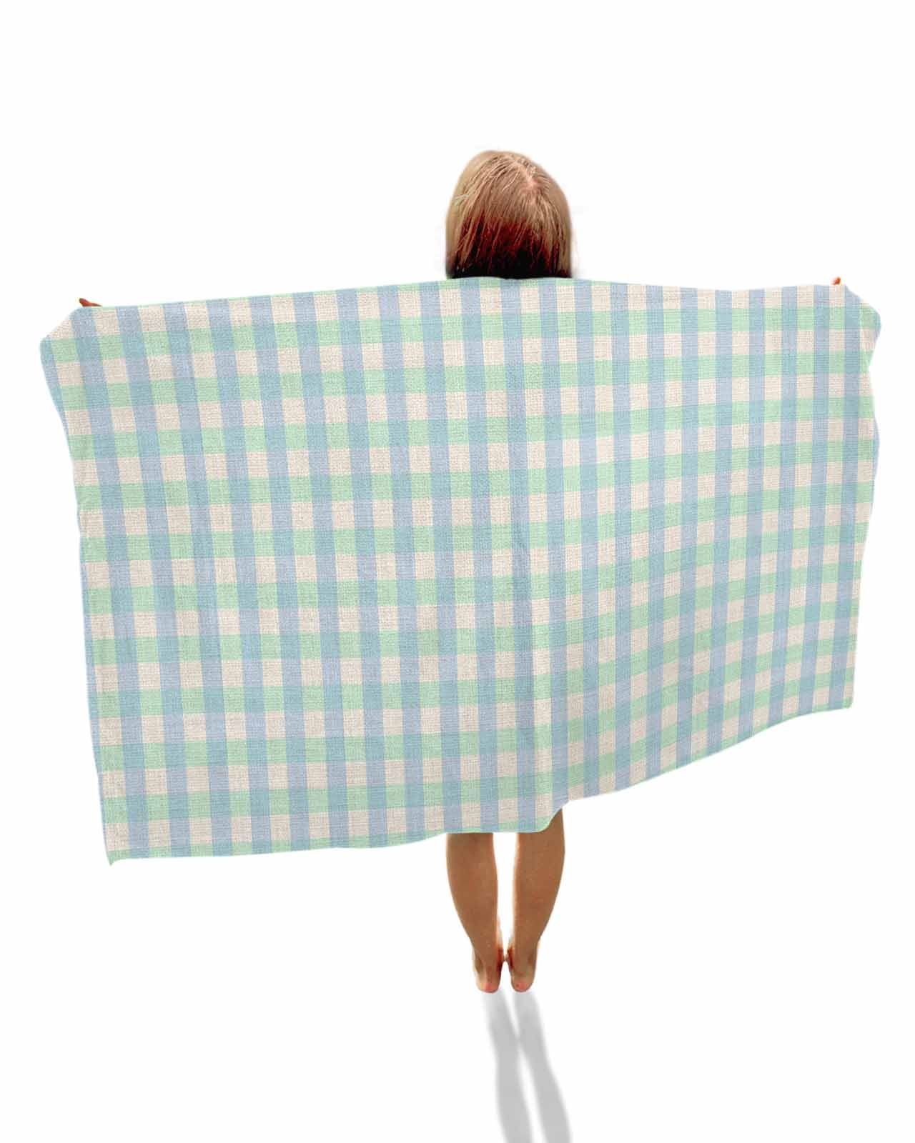 Blue Green Beach Towels Oversized Super Absorbent, Grid Checkered Plaid Gingham Lattice Trellis Lightweight Bath Towel Quick Dry Sets For Bathroom/Pool/Rv Camping/Beach Play/Gym Room/Picnic 31"x62"