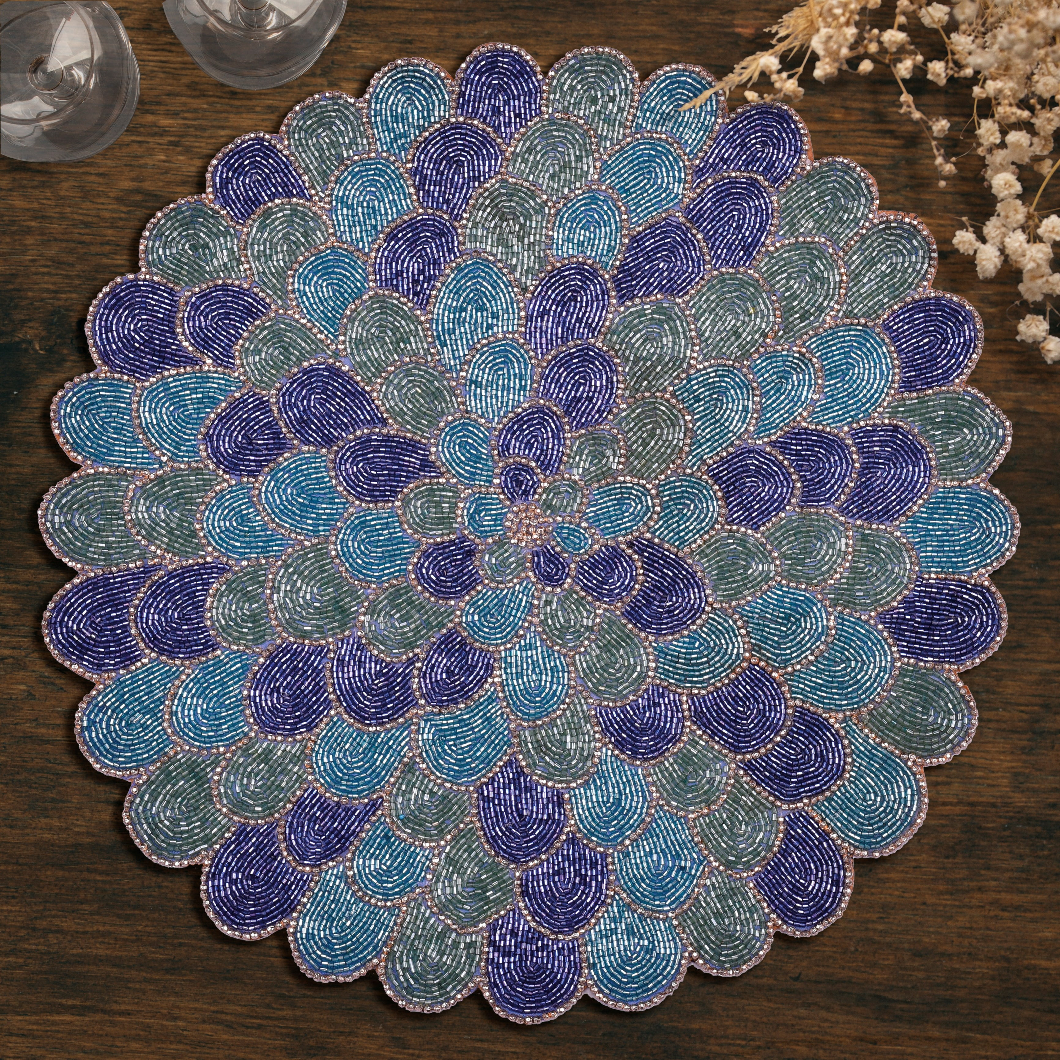 Blue Green Beaded Placemats Set of 4 for Dining Coffee Table Scratch Heat Stain Resistant Charger Kitchen Decor Durable Tablemats - Fall Autumn Thanksgiving Holiday - 15 Inches