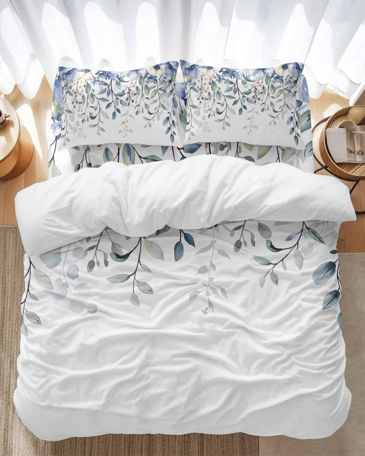 Blue Green Bedding Duvet Cover Set Queen Size 4 Pieces Flowers ...