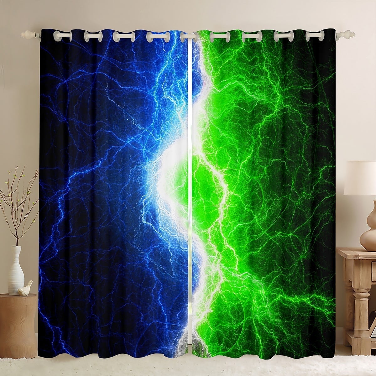Blue Green Black Blackout Curtains Lightnings Abstract Art