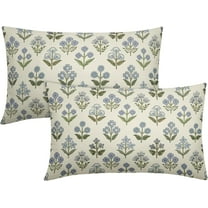 Blue Green Block Print Lumbar Pillow Covers 12x20 Inch Set of 2, Vintage Floral Decorative Throw Pillow Cases Boho Cushion Covers Rustic Decoration Gift Farmhouse Sofa Couch Bed Decor