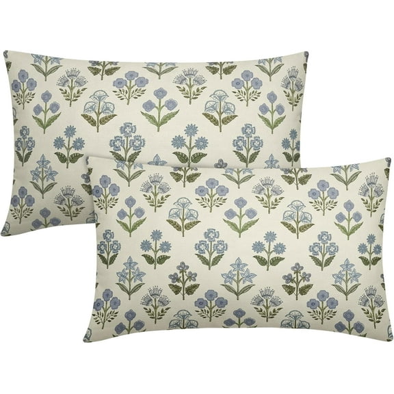 Blue Green Block Print Lumbar Pillow Covers 12x20 Inch Set of 2, Vintage Floral Decorative Throw Pillow Cases Boho Cushion Covers Rustic Decoration Gift Farmhouse Sofa Couch Bed Decor