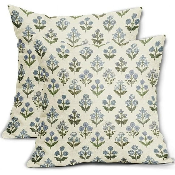 Blue Green Block Print Pillow Covers 18x18 Inch Set of 2, Vintage Floral Decorative Throw Pillow Cases Boho Cushion Covers Rustic Decoration Gift Farmhouse Sofa Couch Bed Decor