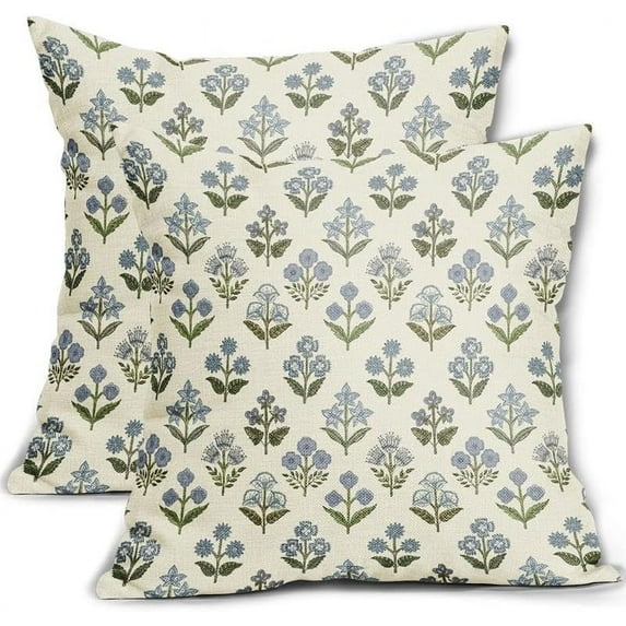 Blue Green Block Print Pillow Covers 18x18 Inch Set of 2, Vintage Floral Decorative Throw Pillow Cases Boho Cushion Covers Rustic Decoration Gift Farmhouse Sofa Couch Bed Decor