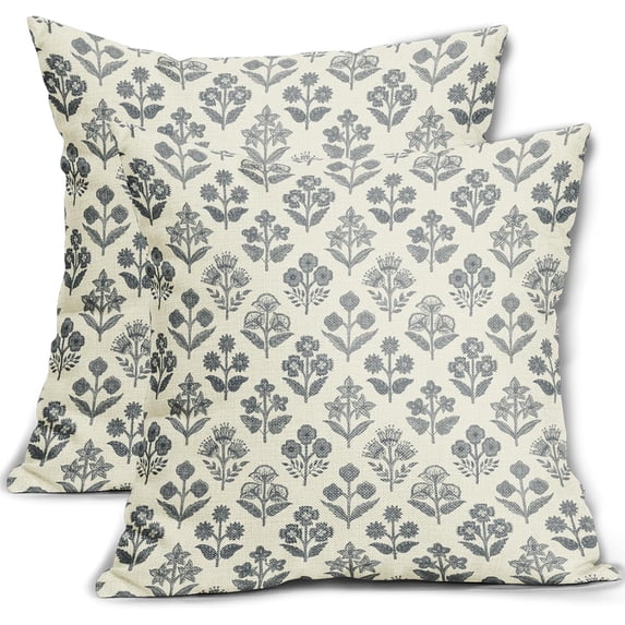 Blue Green Block Print Pillow Covers 18x18 Inch Set of 2, Vintage Floral Decorative Throw Pillow Cases Boho Cushion Covers Rustic Decoration Gift Farmhouse Sofa Couch Bed Decor