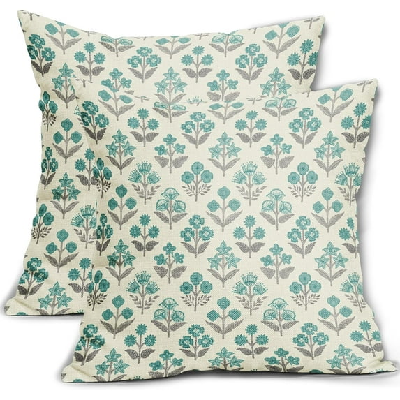 Blue Green Block Print Pillow Covers 18x18 Inch Set of 2, Vintage Floral Decorative Throw Pillow Cases Boho Cushion Covers Rustic Decoration Gift Farmhouse Sofa Couch Bed Decor