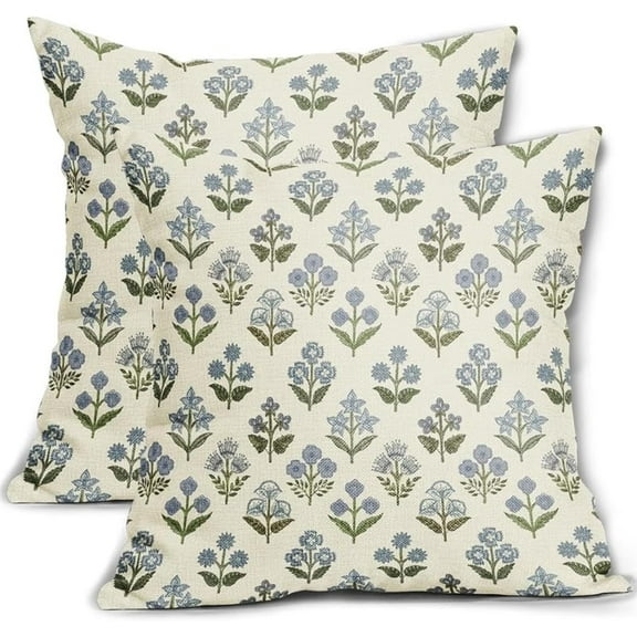 Blue Green Block Print Pillow Covers 20x20 Inch Set of 2, Vintage Floral Spring Decorative Throw Pillow Cases Boho Cushion Covers Rustic Decoration Gift Farmhouse Sofa Couch Bed Decor