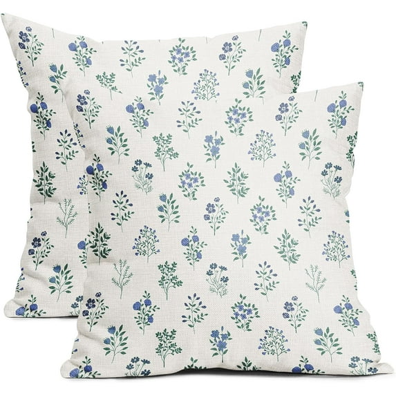 Blue Green Block Print Pillow Covers 20x20 Set of 2 Decorations Vintage Floral Throw Pillow Covers Decor Rustic Pillowcases Flower Pattern Farmhouse Cozy Soft for Sofa Bed Chair Home Decorative