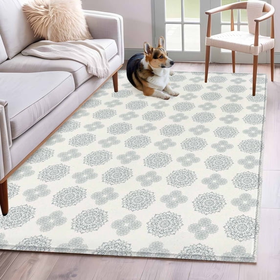 Blue Green Bohemia Area Rugs 2.7'x5', Washable Small Throw Rugs for Kitchen Bedroom, Vintage Abstract Boho Flowers Cream Indoor Outdoor Rug Non-Slip Low Pile Carpet Runner Reversible Floor Mats