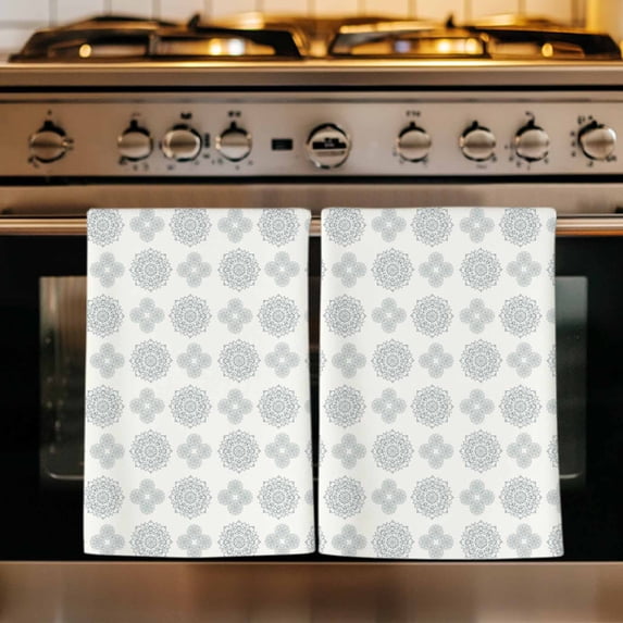 Blue Green Bohemia Kitchen Towels Set of 2, Vintage Abstract Boho Flowers Cream Absorbent Dish Towels for Kitchen, Microfiber Hand Towel, Quick Drying Tea Towel for Cleaning Decorative Dishcloths