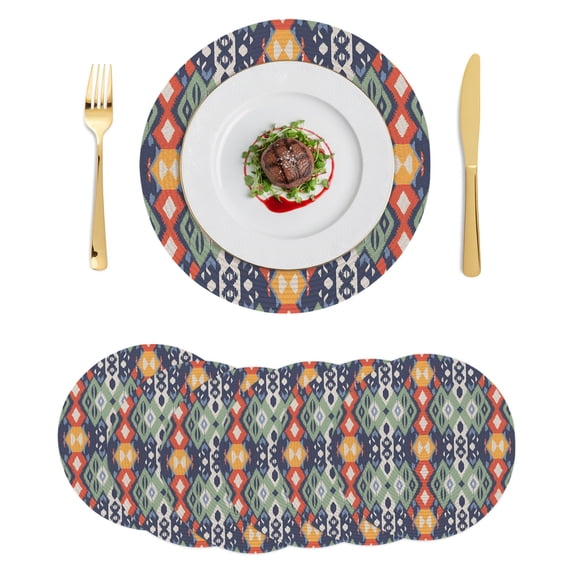 Blue Green Boho Round Placemats Set of 6 Vintage Ethnic Tribe Abstract ...