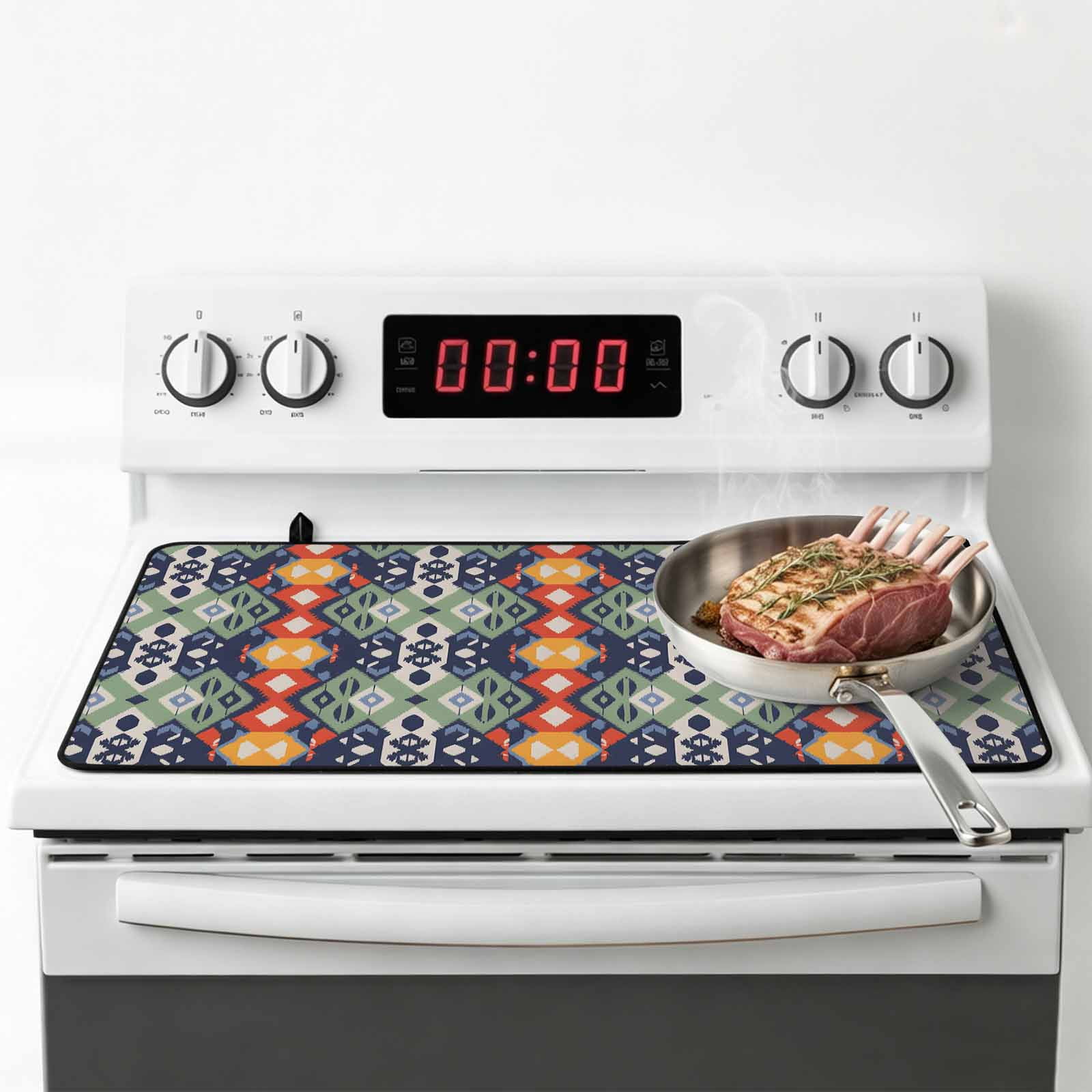 Blue Green Boho Stove Top Cover for Electric Stove, Heat-proof & Non Slip Glass Top Stove Cover Protector, Vintage Ethnic Tribe Abstract Art Kitchen Flat Cooktop Rubber Mat 24x21 Inches