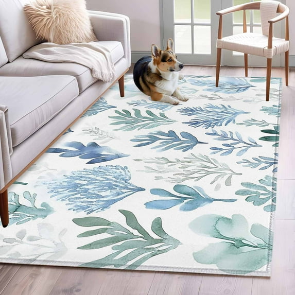 Blue Green Botanical Area Rug 3x5 Washable Rug Non Slip Retro Summer Watercolor Leaf Plant Large Area Rug Indoor Floor Carpet for Entryway Bedroom Kitchen Living Room Home Office Dining Room Nursery
