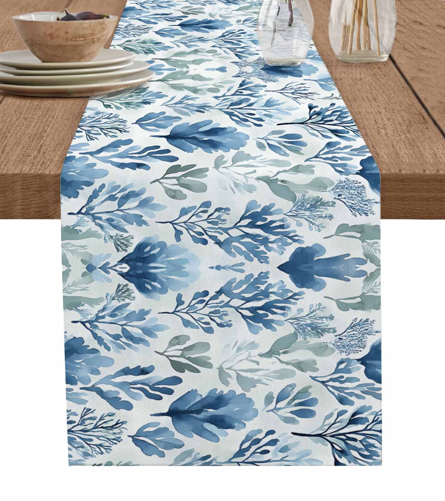 Blue Green Botanical Art Table Runner 72 Inches, Watercolor Leaf ...