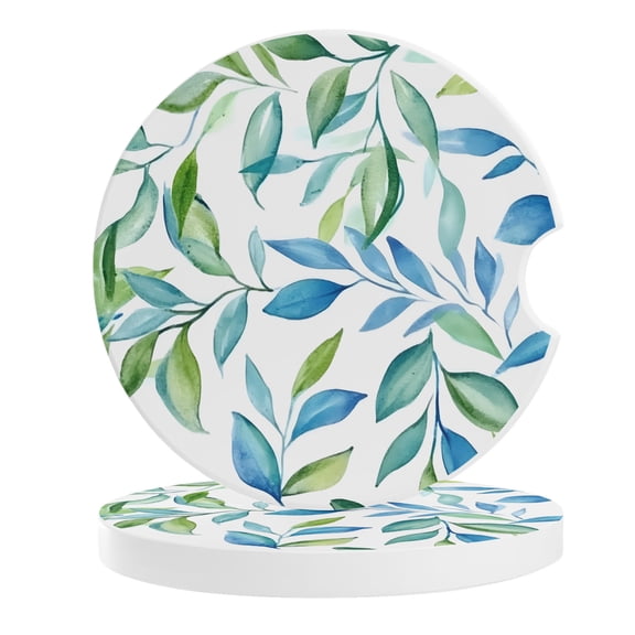Blue Green Botanical Car Coasters for Cup Holders Set of 2 Absorbent, 2.56" Ceramic Stone Drinks Cupholder Coasters with Finger Notch Watercolor Summer Leaf Auto Interior Accessories for Women