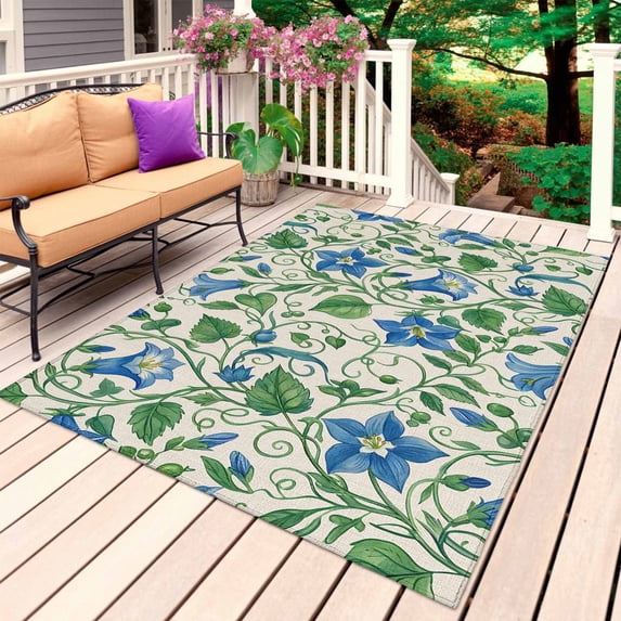 Blue Green Botanical Outdoor Rug 6x9 Ft, Non Slip Washable Area Rug, Spring Floral Summer Rustic Patio Rugs Carpet Runner, Large Floor Mat for Indoor/Outdoor Deck Porch Camping