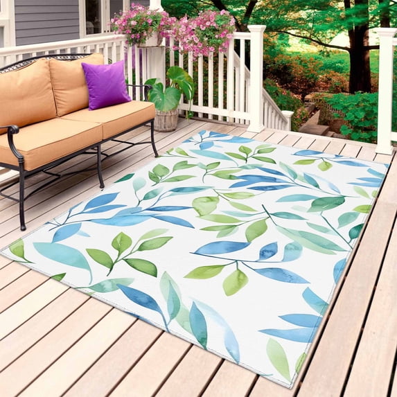 Blue Green Botanical Outdoor Rug for Patio/Deck/Porch, Non-Slip Large Area Rug 3 x 5 Ft, Pastoral Summer Spring Leaf Indoor Outdoor Rugs Washable Area Rugs, Reversible Camping Rug Carpet Runner
