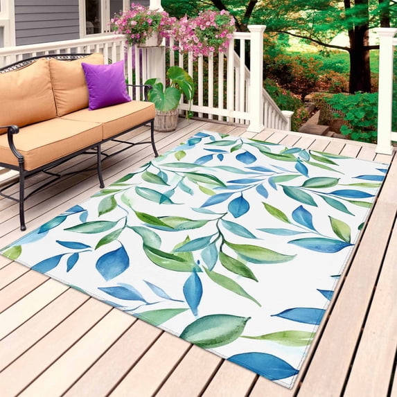 Blue Green Botanical Outdoor Rug for Patio/Deck/Porch, Non-Slip Large Area Rug 4 x 6 Ft, Watercolor Summer Leaf Indoor Outdoor Rugs Washable Area Rugs, Reversible Camping Rug Carpet Runner