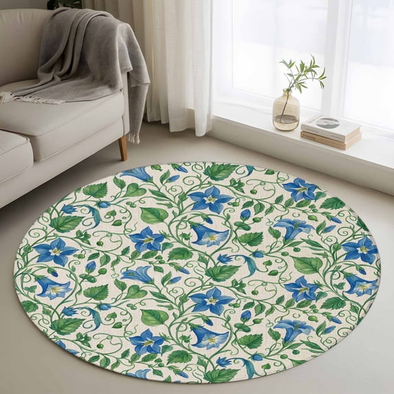 Blue Green Botanical Round Area Rug 3Ft Washable Small Circle Rugs for Kitchen Entryway, Spring Floral Summer Rustic Non-Slip Carpet Floor Mats Indoor Outdoor Carpet Runner Aesthetic Home Decor