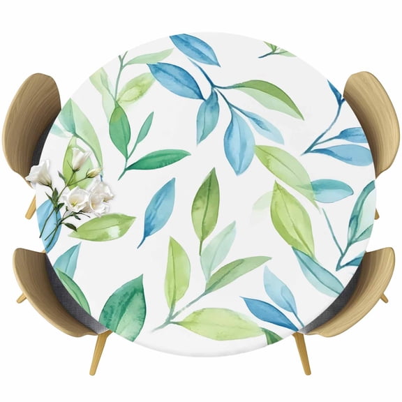 Blue Green Botanical Round Tablecloth 36-44 Inch Round Fitted Table Cloth with Elastic Edge, Pastoral Summer Leaf Waterproof Table Cover Protector for Outdoor Picnic Party Dining