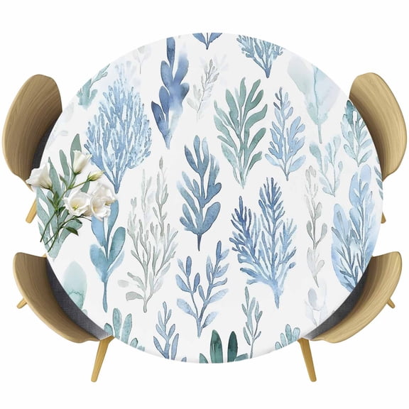 Blue Green Botanical Round Tablecloth 36-44 Inch Round Fitted Table Cloth with Elastic Edge, Retro Summer Watercolor Leaf Plant Waterproof Table Cover Protector for Outdoor Picnic Party Dining