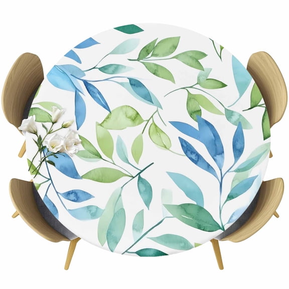 Blue Green Botanical Round Tablecloth 45-54 Inch Round Fitted Table Cloth with Elastic Edge, Pastoral Summer Spring Leaf Waterproof Table Cover Protector for Outdoor Picnic Party Dining