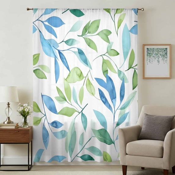 Blue Green Botanical Sheer Curtains 96 Inches Long, Pastoral Summer ...