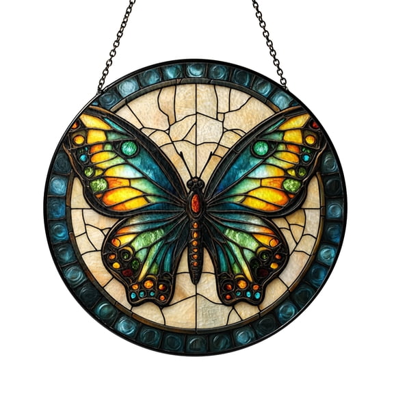 Blue Green Butterfly Stained Glass Window Art – Nature Inspired Decor