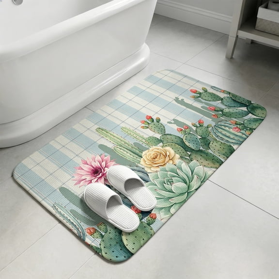 Blue Green Cactus Bathroom Rugs Non Slip Washable Bath Mat Absorbent Low Pile Front Door Mat Tropical Summer Botanical Floral Indoor Doormat for Kitchen Entryway Shower Decor Accessories 19.7"x31.5"