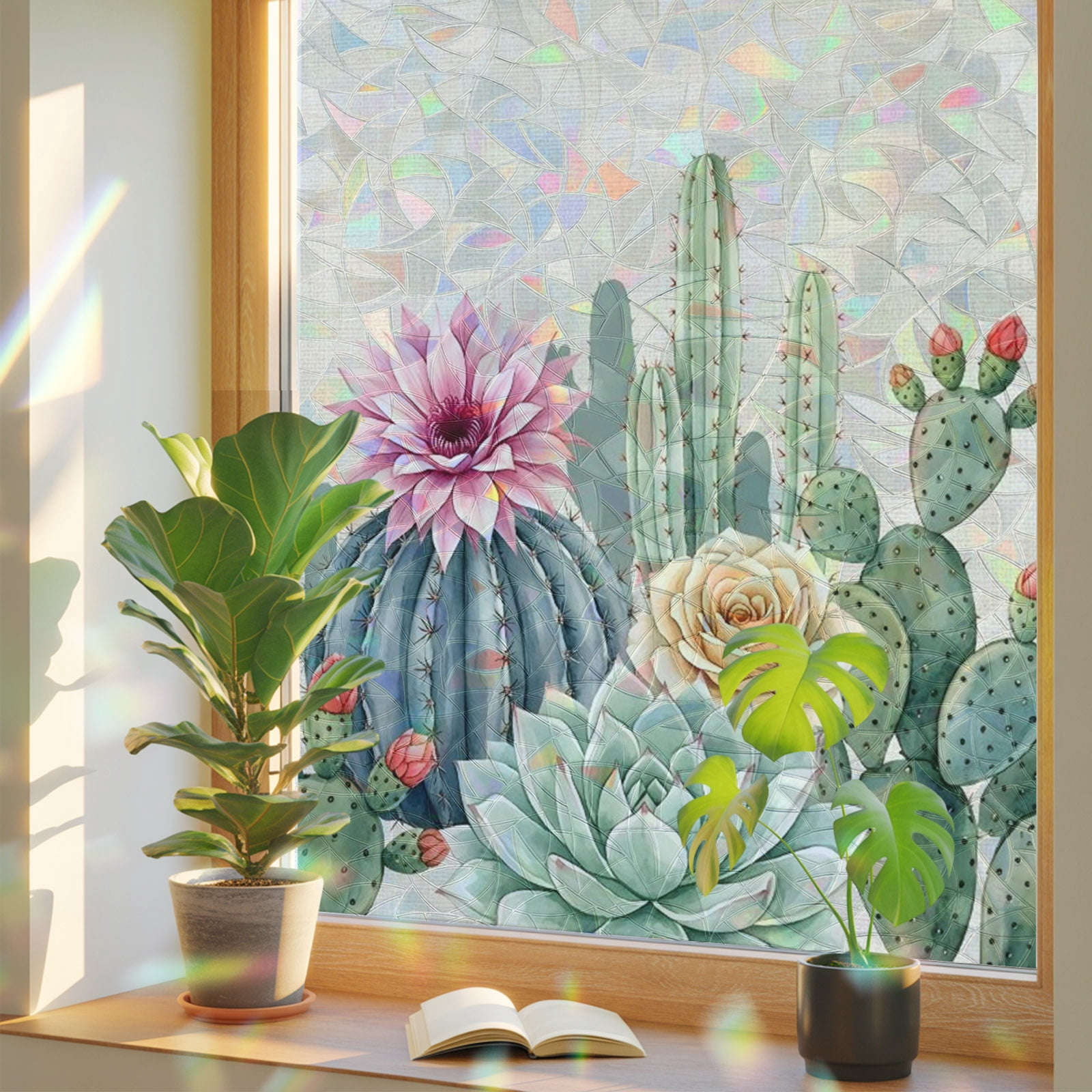 Curated visual reference: Gallery Detail: Blue Green Cactus Window Privacy Film Rainbow Static Cling Stain