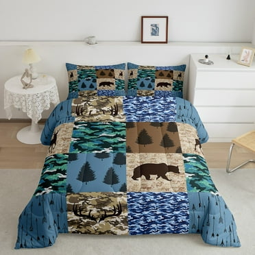 Blue Green Camouflage Bedding Set Woodland Animal Bear Elk Deer Quilt,Retro Antler Lodge Cabin Comforter Set Twin Country Pine Trees Patchwork Duvet Insert,Ethnic Tribe Arrow Rustic Decor Brown
