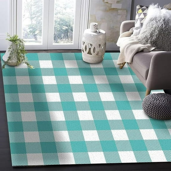Blue Green Checkered Area Rug, Teal Plaid Geometric Decorative Rug Anti-Slip Large Area Soft Carpet For Living Room Bedroom Dining Room 5 x 7ft