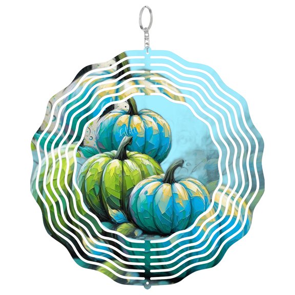 Blue Green Checkered Pumpkin 3D Wind Spinner Stainless Steel Kinetic Art Fall Porch Round