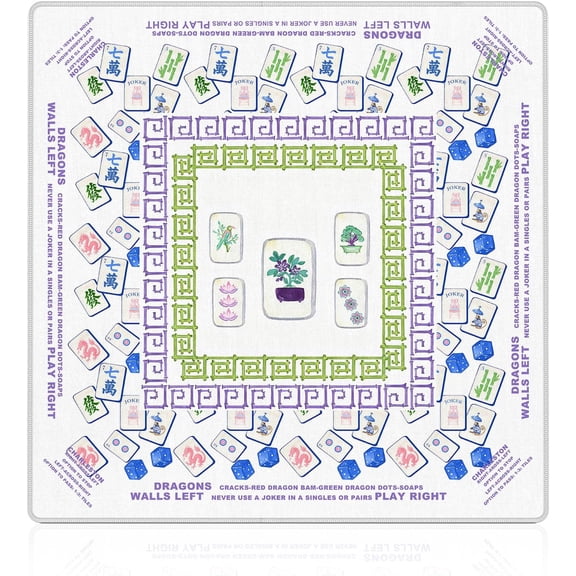 Blue and Green Chinoiserie Mahjong Mat 31.5x31.5 Inch Grand Millennial Chinese Anti-Slip Noise-Reducing Mat for Table Board Games, Tile Games, Poker & Cards