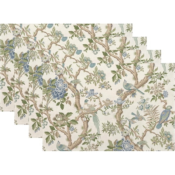 Blue Green Chinoiserie Placemats Set of 4 Spring Vintage Bird Flower Decor Place Mats 12x18 Inch Floral Seasonal Decorative Linen Table Mats for Home Kitchen Dining Party Table Decoration