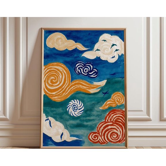 Blue Green Cloud Abstract Sky Swirling Cloud Illustration Wall Art, Unframed Paper Poster 8x10in