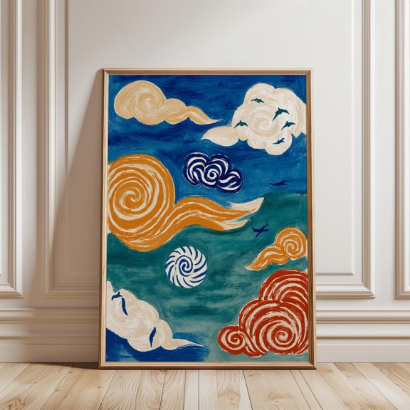 Blue Green Cloud Abstract Sky Swirling Illustration Artwork, Stretched Canvas 16x20in