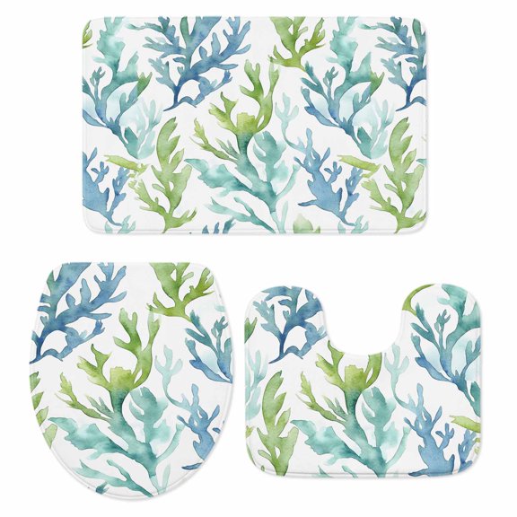 Blue Green Coral Bath Mat 3 Piece Bathroom Rug Set, Aqua Abstract Coastal Sea Tropical Non Slip Bath Rug Contour Mat and Toilet Lid Cover, Absorbent Shower Mats Soft Bath Rugs and Mats Sets