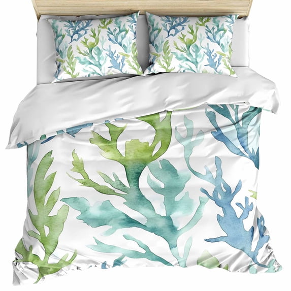 Blue Green Coral Bedding 3 Piece Duvet Cover Set Twin Size, Aqua Abstract Coastal Sea Tropical Soft Microfiber Comforter Cover with Zipper Closure & Pillowcases, Wrinkle & FadeResistant Quilt Cover