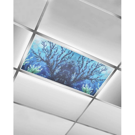 Blue Green Coral Fluorescent Light Covers for Ceiling Lights 4x2 feet,1 Pack Magnetic Light Filters for Classroom,Summer Watercolor Ocean Plant Fluorescent Light Shade Panel for Office School Drop