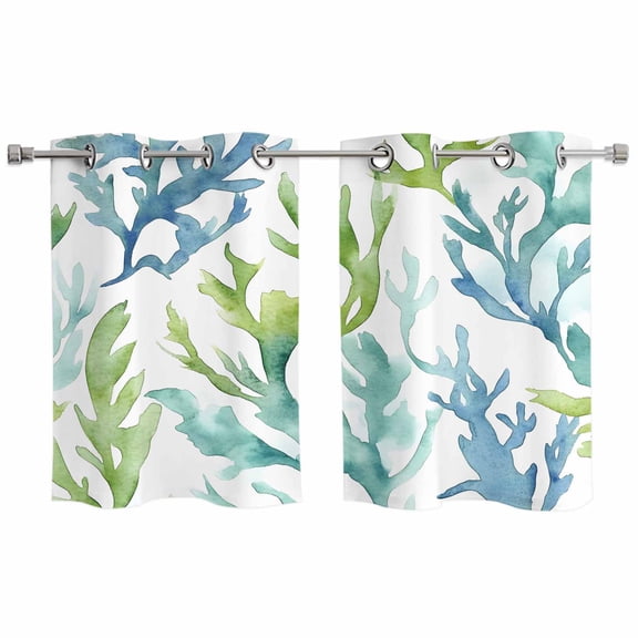 Blue Green Coral Kitchen Curtains Small Short 39 Inch Length, Aqua Abstract Coastal Sea Tropical Grommet Top Bedroom Living Room Curtains, Light Filtering Cafe Curtain Drapes 2 Panels Set 55''x39''
