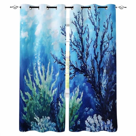 Blue Green Coral Kitchen Curtains Summer Watercolor Ocean Plant Cafe Short Curtains for Bathroom Blackout Window Curtain Grommet Small Window Treatment Tier Drapes for Bedroom Living Room 27.5"x39"x2