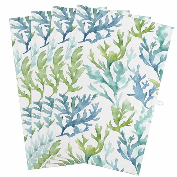 Blue Green Coral Kitchen Towels, Absorbent Microfiber Kitchen Dish Hand Tea Bath Towel, Aqua Abstract Coastal Sea Tropical Quick Dry Cleaning Cloth Dishclothes Decorative Sets, (4-PC, 18x28)